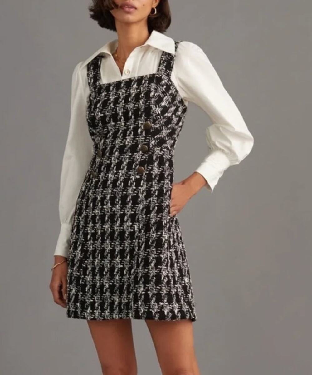 Maeve Anthropologie Tweed Houndstooth Square Neck Mini Dress Black White 4
